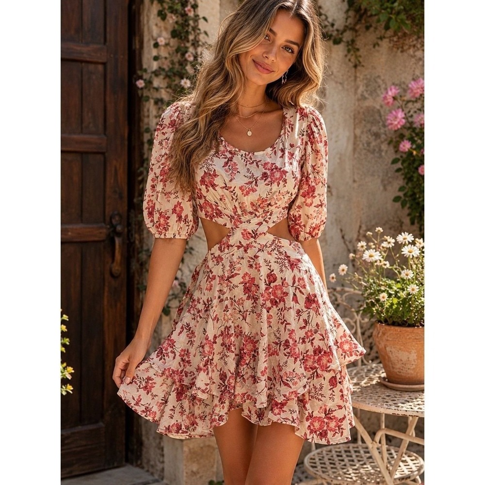 Altar'd State Floral Cutout Tie Back Mini Dress Cottagecore Medium